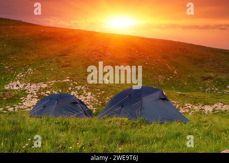 Touristenzelte auf grüner Wiese in Bergen bei Sonnenuntergang Stockfoto