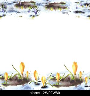 Aquarellmalte Illustration nahtloser Rahmenrand. Der Frühling, das Erwachen der Natur. Schmelzende Schneeprimärpflanzen gelber Flieder Krokusse. Blumen Stockfoto