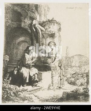 Christus und die Frau von Samaria unter den Ruinen, Rembrandt van Rijn, 1634 Druckpapier, das die Frau von Samaria ätzt (Johannes 4,4-42) Stockfoto