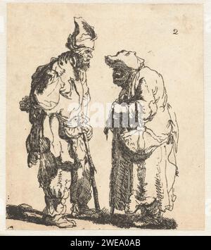 Bettler Mann und Bettlerin unterhalten sich, Anonym, nach Rembrandt van Rijn, 1719 - 1780 Druckpapier beginnen Stockfoto