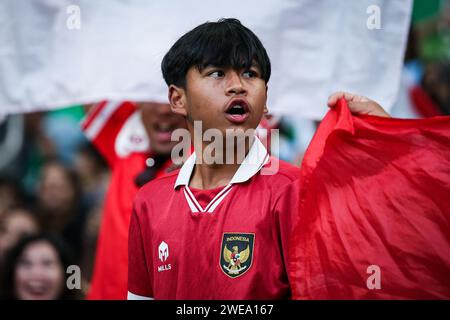 Doha, Japan, 24. Januar 2024, AFC Asian Cup Katar 2023 Gruppe D – Japan besiegte Indonesien 3-1 in ihrem letzten Spiel im Asian Cup Gruppe D und sicherte sich damit einen Top-Two-Platz. Ayase Ueda erzielte zwei Tore. Stockfoto