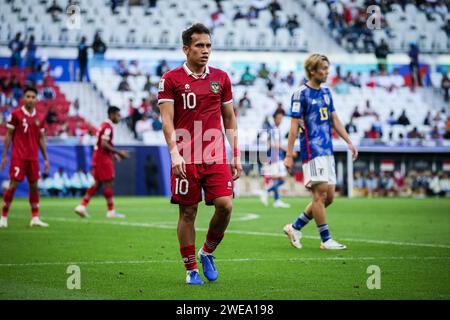 Doha, Japan, 24. Januar 2024, AFC Asian Cup Katar 2023 Gruppe D – Japan besiegte Indonesien 3-1 in ihrem letzten Spiel im Asian Cup Gruppe D und sicherte sich damit einen Top-Two-Platz. Ayase Ueda erzielte zwei Tore. Stockfoto