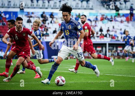 Doha, Japan, 24. Januar 2024, AFC Asian Cup Katar 2023 Gruppe D – Japan besiegte Indonesien 3-1 in ihrem letzten Spiel im Asian Cup Gruppe D und sicherte sich damit einen Top-Two-Platz. Ayase Ueda erzielte zwei Tore. Stockfoto