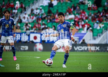 Doha, Japan, 24. Januar 2024, AFC Asian Cup Katar 2023 Gruppe D – Japan besiegte Indonesien 3-1 in ihrem letzten Spiel im Asian Cup Gruppe D und sicherte sich damit einen Top-Two-Platz. Ayase Ueda erzielte zwei Tore. Stockfoto