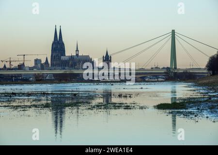 Blick von der Rheinaue im Stadtteil Deutz auf den Dom und die Severiner Brücke, leichte Überschwemmung, Köln, Deutschland. Januar 10. 2 Stockfoto