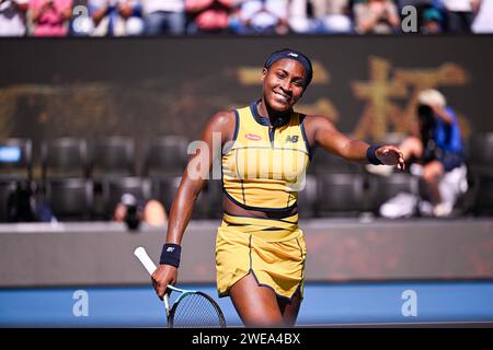 Cori Coco Gauff während des Australian Open 2024 Grand Slam Tennis Turniers am 23. Januar 2024 im Melbourne Park in Australien. Foto: Victor Joly/ABACAPRESS.COM Stockfoto