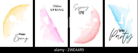 Hello Spring Poster Vorlage mit abstrakter Aquarellzeichnung Blume. Handgezeichnetes Plakat mit Blumenmalerei. Botanischer Pinselüberzug. Banner mit Sommerblüten. Pflanzliche Pflanzenvektorpostkarte Stock Vektor