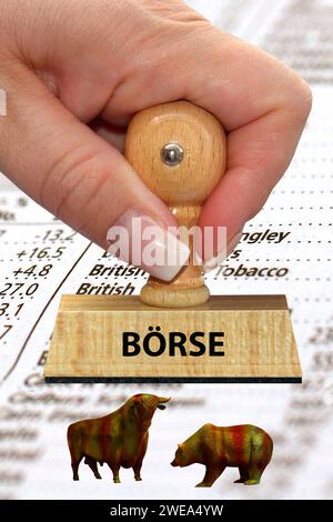 Bulle und Bär auf einer Liste mit Aktien, Stempel, Börse, Stockfoto