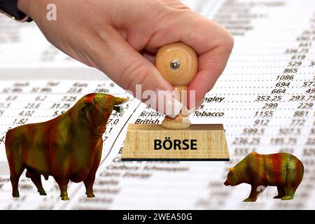 Bulle und Bär auf einer Liste mit Aktien, Stempel, Börse, Stockfoto