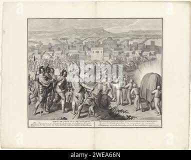 Zerstörung von Jericho, Gilliam van der Gouwen, nach Gerard Hoet (I), 1728 Druck in der rechten Vorderseite Boden sieben Priester, die auf Ramhoorns in Richtung Jericho gehen. Hinter ihnen folgt die Bundeslade. Die Mauern der Stadt Jericho zerbrechen im Hintergrund. Josua steht im Vordergrund und gibt den Befehl, die Stadt Jericho anzugreifen (Jos.6,8-21). Der Druck hat hebräische, lateinische, französische, englische, deutsche und niederländische Untertitel. Druckerei: Amsterdampublisher: Das Haager Papier Radieren / Gravieren die Israeliten marschieren um Jericho: In der Prozession kommt der Hauptkörper der Soldaten Stockfoto