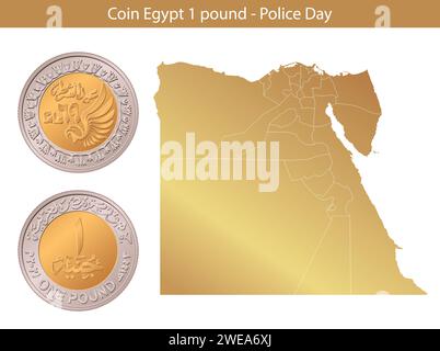 Münze Ägypten 1 Pfund - Tag der Polizei. Rückseite und Vorderseite der ägyptischen 1-Pfund-Münze. Vektorillustration isoliert auf dem Hintergrund einer Karte von Ägypten. Stock Vektor