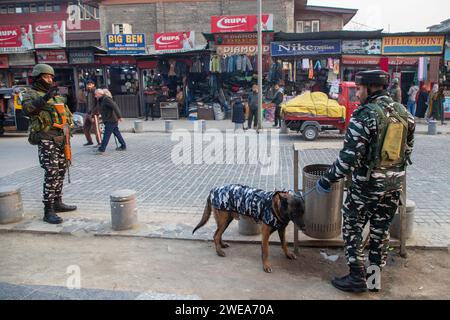 Indische paramilitärische Truppen patrouillieren zusammen mit dem Schnüffelhund vor dem Indischen Republikstag durch die Straßen. Die indischen Behörden im Kaschmir-Tal haben die Sicherheitsmaßnahmen verstärkt, um störende Aktivitäten im Vorfeld der Feierlichkeiten zum Tag der Republik am 26. Januar zu unterbinden. Mit Drohnen und hochauflösenden CCTV-Kameras, die Bewegungen in Echtzeit überwachen, wurden die Fahrzeugfetzen und Inspektionen verstärkt. Der Tag der Republik feiert den Jahrestag der Verabschiedung der indischen Verfassung am 26. Januar 1950. Stockfoto