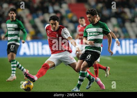 Leiria, Portugal. Januar 2024. Leiria, 23/2024 - Fußball, Finale Four Allianz CUP 2023/24: Das Leiria Municipal Stadium war Austragungsort des ersten Halbfinalspiels zwischen SC Braga und Sporting CP. Vitor Carvalho und Pedro Goncalves. (Nuno Brites/Global Imagens) Credit: Atlantico Press/Alamy Live News Stockfoto