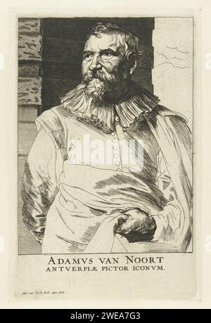 Porträt von Adam van Noort, Anthony Van Dyck, 1630 - 1632 Druck Porträt von Adam van Noort mit Bildunterschrift Adamvs van Noort Antverpiae Pictor Ikonm Niederländer Papiergravur Porträt, Selbstporträt des Malers Stockfoto