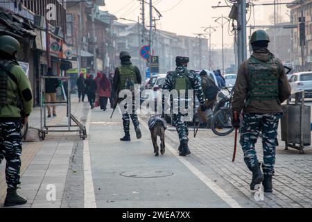 Indische paramilitärische Truppen patrouillieren zusammen mit einem Schnüffelhund vor dem Indischen Tag der Republik durch die Straßen. Die indischen Behörden im Kaschmir-Tal haben die Sicherheitsmaßnahmen verstärkt, um störende Aktivitäten im Vorfeld der Feierlichkeiten zum Tag der Republik am 26. Januar zu unterbinden. Mit Drohnen und hochauflösenden CCTV-Kameras, die Bewegungen in Echtzeit überwachen, wurden die Fahrzeugfetzen und Inspektionen verstärkt. Der Tag der Republik feiert den Jahrestag der Verabschiedung der indischen Verfassung am 26. Januar 1950. (Foto: Faisal Bashir/SOPA Images/SIPA USA) Stockfoto