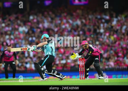 24. Januar 2024; Sydney Cricket Ground, Sydney, NSW, Australien: Big Bash T20 League Final, Sydney Sixers gegen Brisbane Heat; Matt Renshaw von Brisbane Heat trifft den Ball Stockfoto