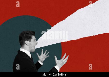 Kreatives Collage-Bildplakat junger Geschäftsmann schreiend wütend argumentieren empörter emotionaler Ausdruck psychische Störung Psychotherapie Stockfoto