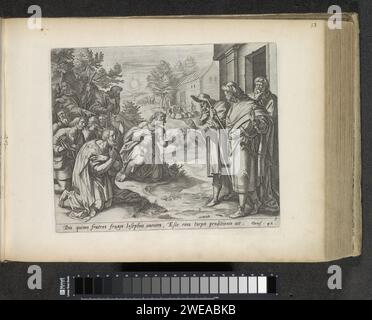 Jozefs Brüder knien für Jozef, 1643 drucken zehn von Jozefs Brüdern kamen nach Ägypten, um Getreide zu kaufen. Joseph, der rechts mit einem Zepter in der Hand steht, wirft ihnen Spionage vor. Die Brüder versuchen, Joseph, den sie nicht als ihren Bruder erkennen, zu erklären, wer sie sind. Joseph lässt sie gehen, verlangt aber, dass sie mit ihrem jüngsten Bruder Benjamin zurückkommen. Im Hintergrund gibt es eine Reihe von Brüdern mit den Säcken mit Korn. Ganz im Hintergrund gehen sie mit ihren Eseln. Unter der Aufführung ist ein lateinischer Verweis auf den Bibeltext in Gen. 42. Diese prin Stockfoto