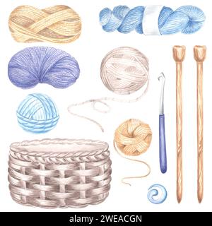 Brauner Korb, Knäuel- und Verwirrgarn, Stricknadeln, Häkelnadel und Knöpfe, Nadeln. Aquarellset isolierte Illustration Hobbystrick Stockfoto