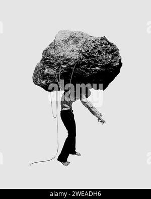 Ein Mann mit riesigen schweren Steinen, der mit Eisbahnen verbunden ist. Erwartungen, sozialer Druck, negative Gedanken. Modernes Design. Stockfoto