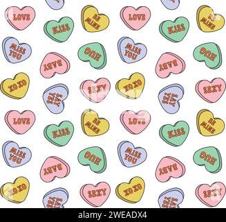 Nahtloses Vektor-Muster von groovigen Retro-Cartoon farbigen Valentine-Liebe-Bonbons isoliert auf weißem Hintergrund Stock Vektor