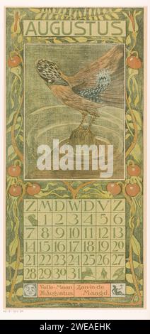 Calendarbay August mit flämischem Gaai, Theo van Hoytema, 1903 Druck der Vogel ist auf einem Pol über Wasser. Rosenhüften im Zierrand. Unter den Daten ein Vollmond und das Sternbild Virgo. Oben auf dem Blatt eine Risslinie. Druckerei: Hilversum Drucker: AmsterdamVerlag: Hilversum Paper Song-Birds: jay. August  andere Konzepte. Vollmond als Gesicht dargestellt. Virgo (Sternzeichen August) Stockfoto