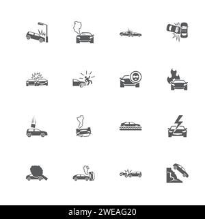 Das Fahrzeug stürzt mit Symbolen ab. Perfektes schwarzes Piktogramm auf weißem Hintergrund. Symbol für einfachen flachen Vektor. Stock Vektor