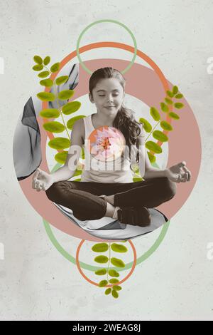 Vertikale Collage Bild Illustration Retroeffekt konzentrierte friedliche kleine Dame Praxis Meditation Therapie Lotusblütenblattbanner Stockfoto