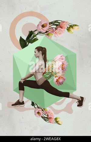 Vertikale Collage Bild Illustration Retro Effekt konzentrierte friedliche junge Dame Praxis Meditation Therapie Pose gestreckte Pflanze Banner Stockfoto