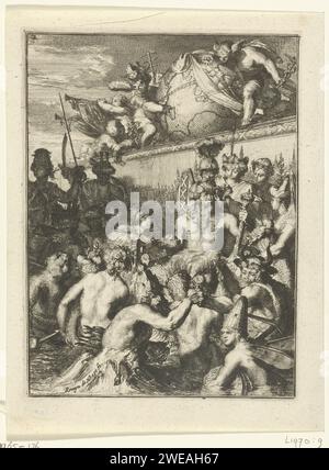 Titeldruck von Buch 2 des Ystroom (1671) von Antonides van der Goes, Romeyn de Hooghe, 1671 Titeldruck von Buch 2 des Ystroom (1671) von Antonides van der Goes. Allegorische Darstellung mit dem Flussgott des IJ (dem Ystroom-Gott) auf einem Thron. Gekrönt wird er von der Göttin der Seeschifffahrt. Sie wird von Frieden und Krieg flankiert. Hinter dem Unternehmen befindet sich eine Mauer mit einem Gesicht auf Amsterdam. Darüber hinaus Mercurius und die Personifizierung der aufgeklärten Größe der Größe, die einen Globus mit der neuen Welt hält. Im Vordergrund stehen eine Reihe anderer Personifizierungen, auch aus verschiedenen Völkern. N Stockfoto