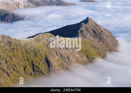 Yr Wydffa, Eryri, Cloud Inversion, am Crib Goch Ridge, Snowdonia, Nordwales Stockfoto