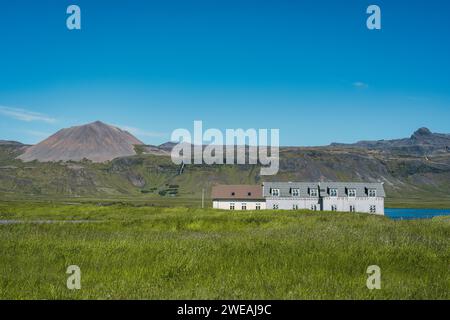 Skandinavisches Haus auf Wiese und vulkanischem Berggrund im Sommer in Island Stockfoto