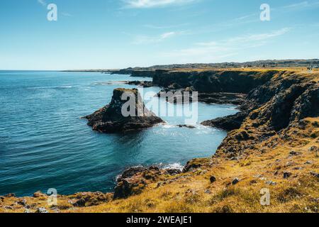 Meereslandschaft mit natürlicher Basaltfelsenbildung an der Küste im Fischerdorf Arnarstapi auf der Halbinsel Snaefellsnes, Island Stockfoto