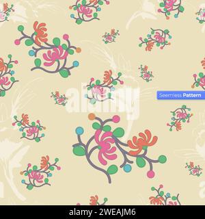 Farbenfrohes Blumenmuster. Asiatischer und skandinavischer kindlicher Sommer-floraler Hintergrund. Dekorative Kletterblumen. Design für Tapeten, Geschenkpapier Stock Vektor