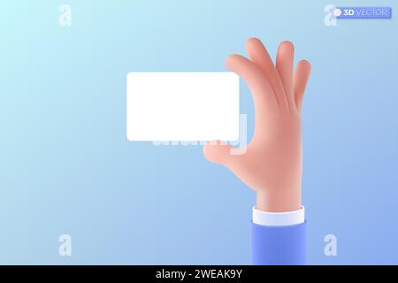 Symbol für 3D-Zeichentrickhand und leere Karte. Debit- oder Kreditkarte, Visitenkarte, Finanz-, Sicherheitskarte, Mitarbeiterkarte, Modell-Konzept. 3D-Vektor ist Stock Vektor