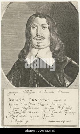 Porträt van Johann Ernst von Pistoris von Seusslitz, Pieter Holsteyn (II), um 1624 - 1664 Druckbüste von Johann Ernst von Pistoris von Seuslitz. Sechs lateinische Zeilen unter dem Porträt. Amsterdamer Papierstich Stockfoto