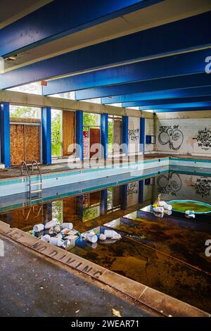 Verlassener Hotelpool mit Graffiti und Verfall, Blick auf Augenhöhe Stockfoto