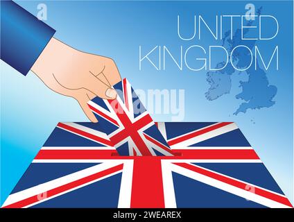 Vereinigtes Königreich, Wahlurne mit Nationalflagge und Karte, Vektorillustration Stock Vektor