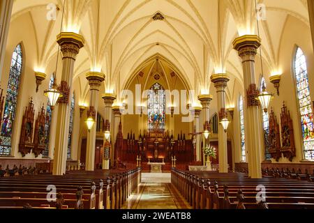 Gotische Kathedrale, Innenraum mit Buntglas und Altar, Blick auf das Kirchenschiff Stockfoto