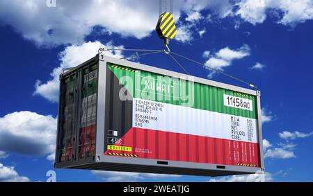 Frachtcontainer mit Nationalflagge von Kuwait, die am Kranhaken hängt - 3D-Illustration Stockfoto