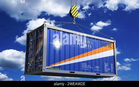 Frachtcontainer mit Nationalflagge der Marshallinseln, die am Kranhaken hängt – 3D-Illustration Stockfoto