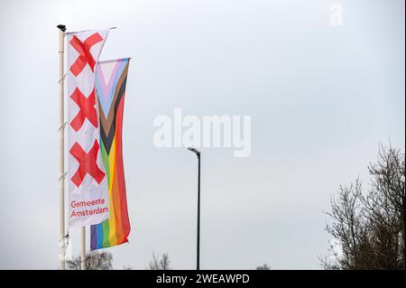 Amsterdam Niederlande 24. Januar 2024 Ein Sportplatz in der Stadt mit Flaggen des rates Gemeente Amsterdam und LGBTQ dutch, nl, vlaggen, lgbtqi, lgbtq Stockfoto