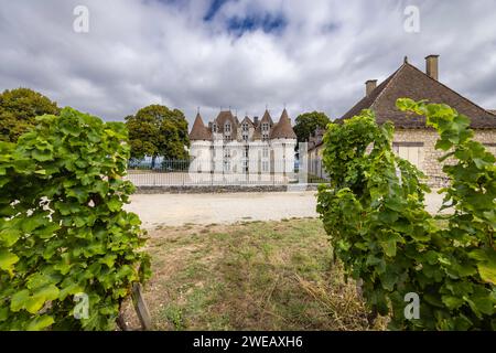 Schloss Monbazillac (Chateau de Monbazillac) mit Weinberg, Departement Dordogne, Aquitaine, Frankreich Stockfoto