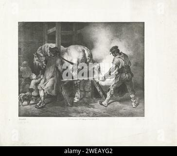 Flämischer Bauer, Théodore Géricault, 1822 Druck Ein Schmied legt ein heißes Eisen auf den Hu eines Zugpferdes. Aus einer Serie von zwölf Drucken. Druckerei: Franceprinter: Parispublisher: Paris Paper Farrier, Shoeing-smith. Pferd Stockfoto