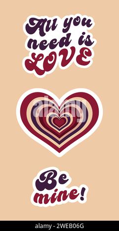 Retro-Aufkleber-Set für Valentinstag. Enthält ein gestreiftes rotes Herz, „All You Need Is Love“ und „Be Mine“-Texte im Set Stock Vektor