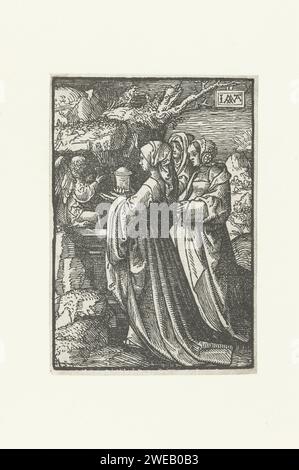 Die drei Marias am leeren Grab, Jacob Cornelisz van Oostsanen, 1520–1521 Druck aus Serie von 66 Drucken. Proef Pressure, kein Text auf Verso. Niedere Länder schreiben die heiligen Frauen (die drei Marien) auf dem Weg zum oder zum Grab, um Christi Leib zu salben Stockfoto