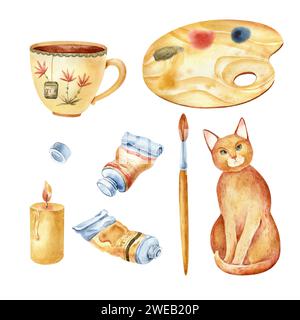 Isolierte Illustration mit handgefertigten künstlerischen Materialien, Pinseln, Katzen, Farben, Bleistiften, Aquarellauswahl auf weißem Hintergrund. Stockfoto