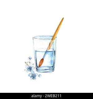 Isolierte Illustration mit handgefertigten künstlerischen Materialien, Pinseln, Farben, Glas, Blumen, Aquarellauswahl auf weißem Hintergrund. Stockfoto