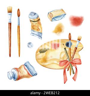 Isolierte Illustration mit handgefertigten künstlerischen Materialien, Pinseln, Farben, Bleistiften, Aquarellen auf weißem Hintergrund. Stockfoto