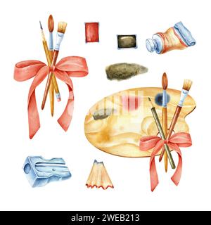 Isolierte Illustration mit handgefertigten künstlerischen Materialien, Pinseln, Farben, Bleistiften, Aquarellen auf weißem Hintergrund. Stockfoto